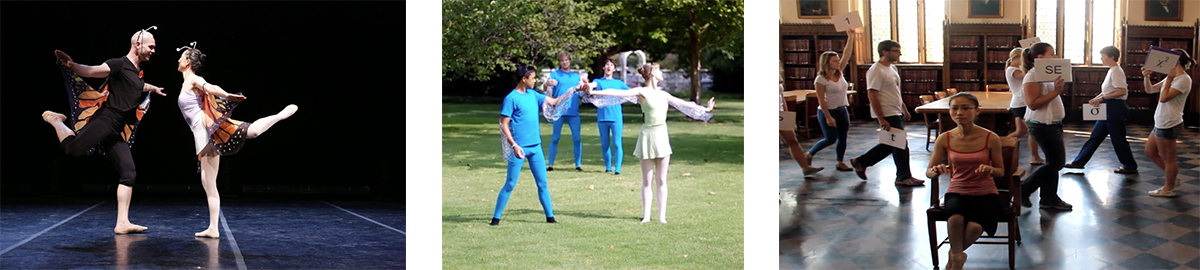Three panels. Left panel: Mingzi Xu dancing on a dark stage in a butterfly costume with another dancer in a butterfly costume. Middle Panel: Three students dressed in light blue with translucent wings with one student partnered with another student in light green with translucent wings. She is looking away from him as if uninterested. Right Panel: Mingzi Xu sitting in a chair in a classroom with students walk around behind her holding cards with various scientific symbols (sigma, x squared, t, SE, and 1)